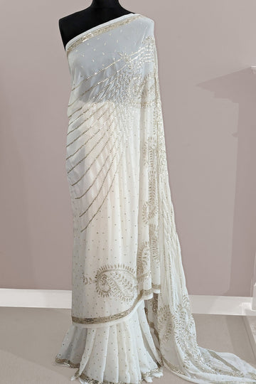 Traditional Indian Ivory White Georgette Hand Work Saree