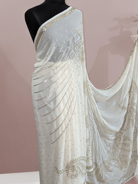 Traditional Indian Ivory White Georgette Hand Work Saree