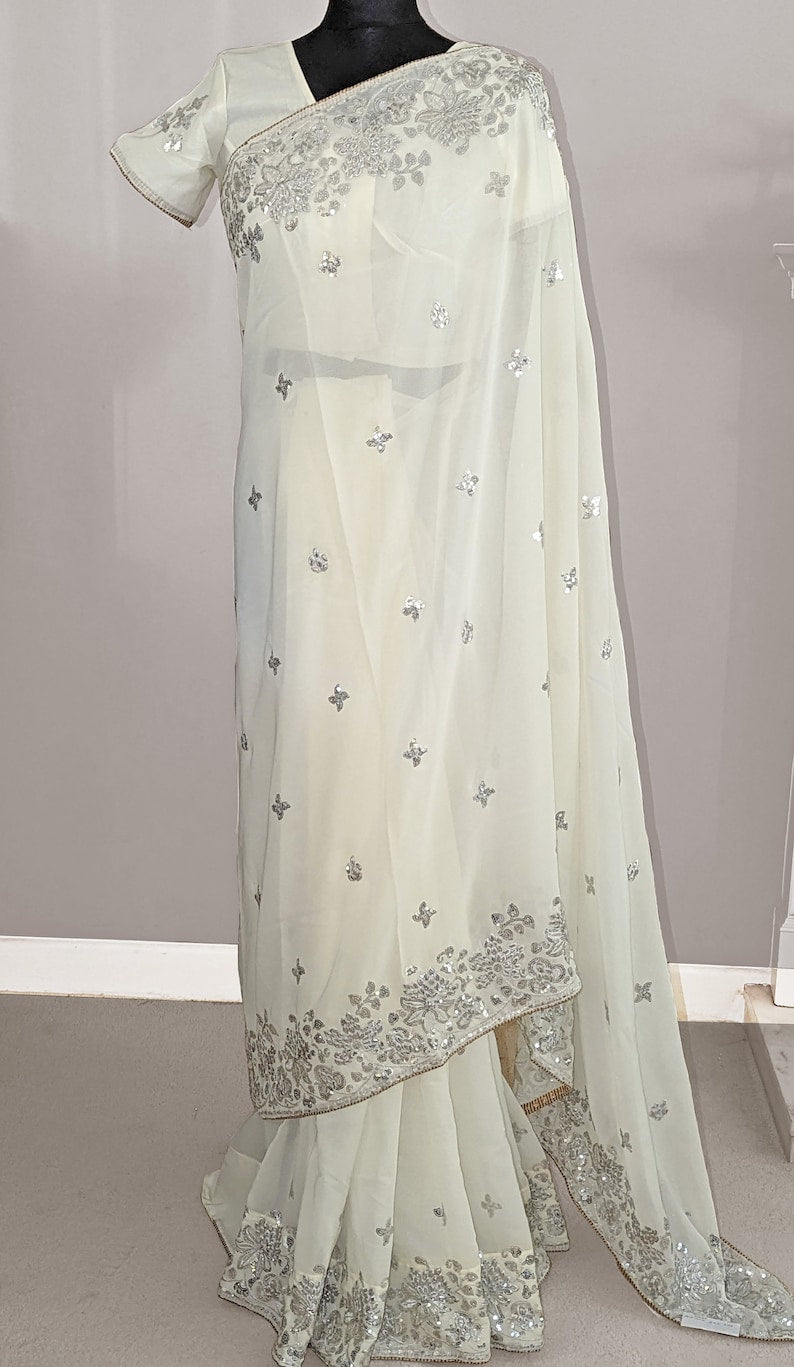 Indian Off-White Faux Georgette Handwork Saree with Metallic Thread Work
