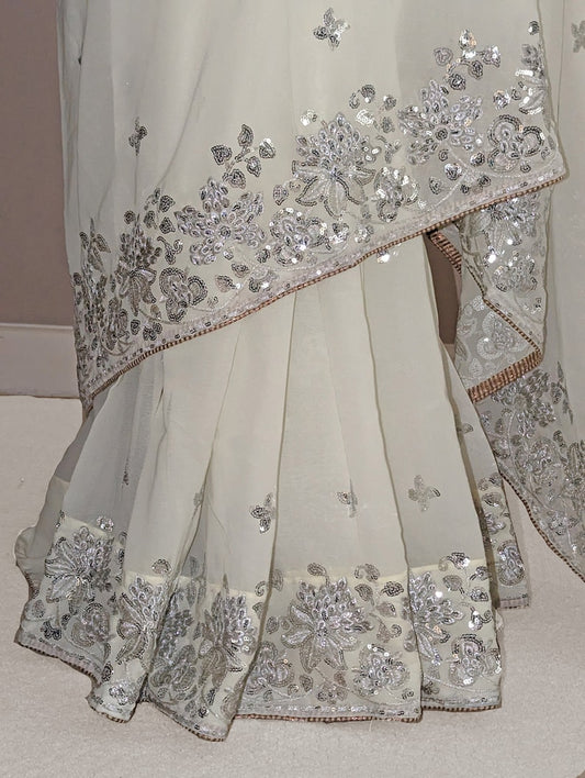 Indian Off-White Faux Georgette Handwork Saree with Metallic Thread Work