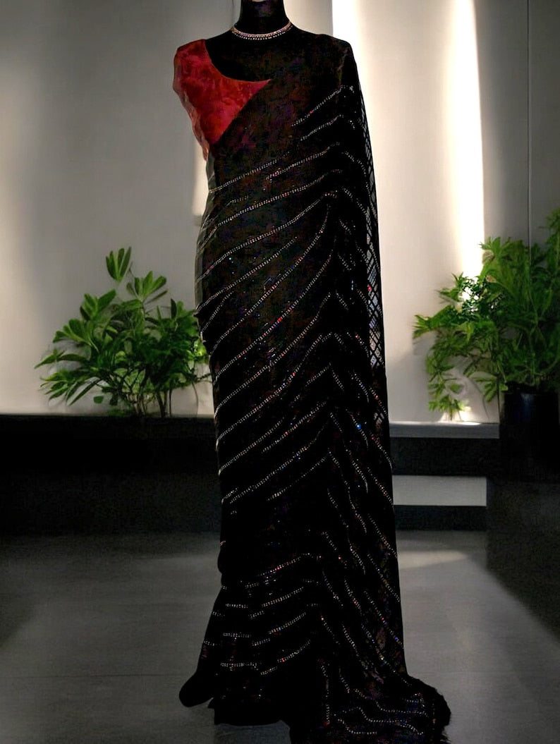 Charcoal Black Chiffon Rhinestone Diamond work