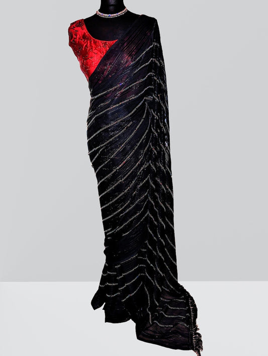 Charcoal Black Chiffon Rhinestone Diamond work