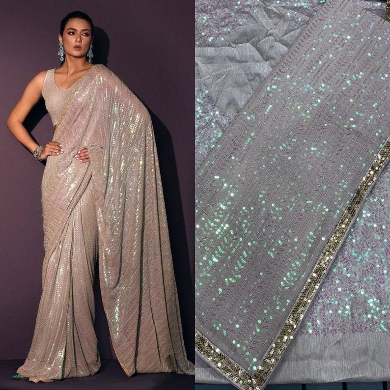 Sand Soft Georgette Sequence Embroidered Saree