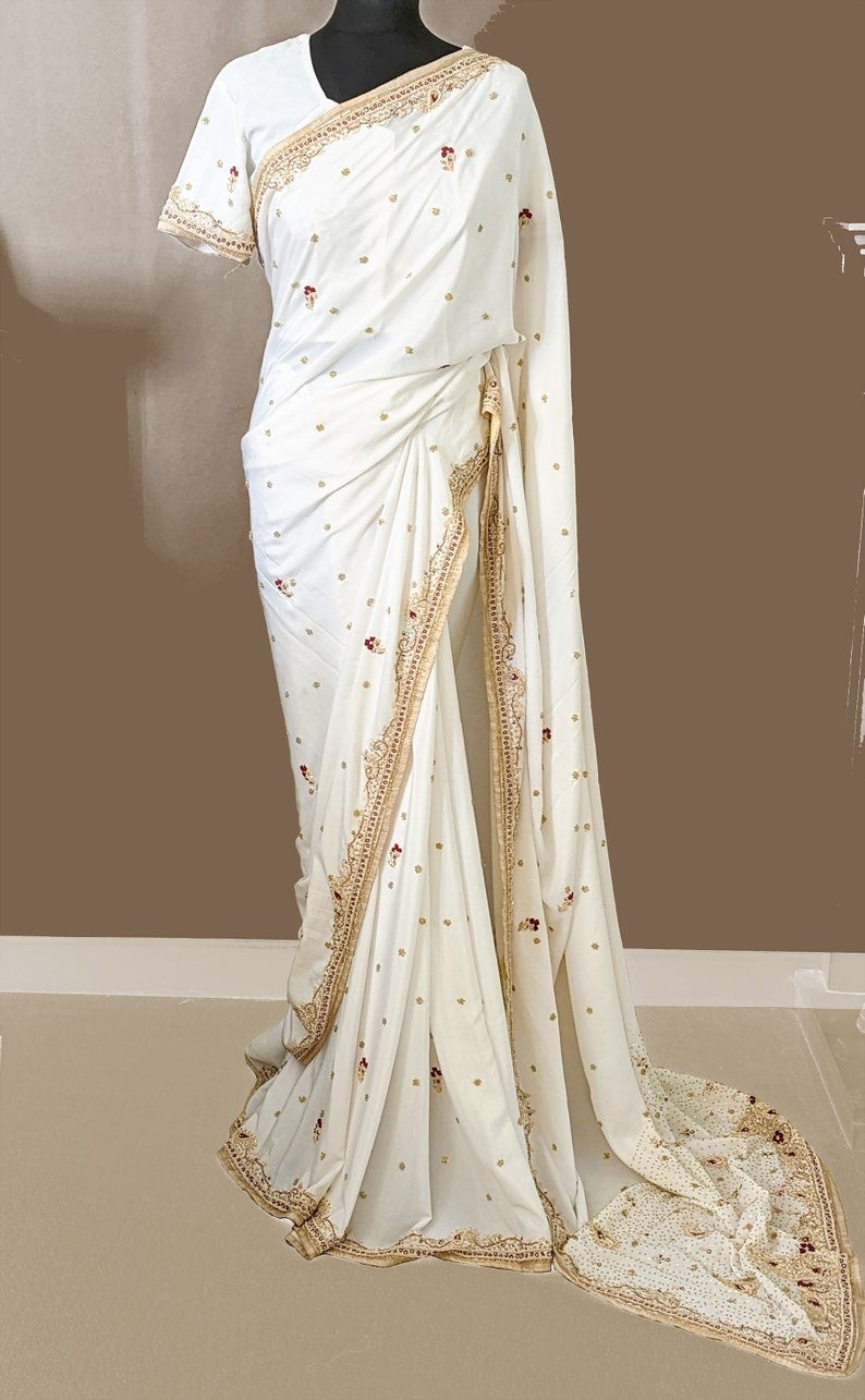 Indian Ivory White Crepe Silk Handwork Saree