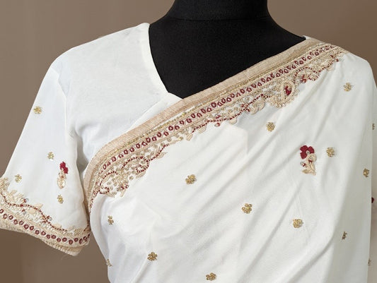 Indian Ivory White Crepe Silk Handwork Saree