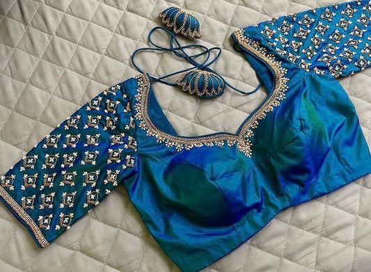 Turquoise Blue Embroidered Blouse