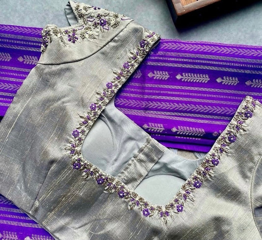 Silver Raw Silk Ready Made Blouse
