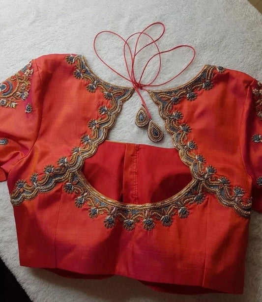 Orange Saree Maggam Blouse