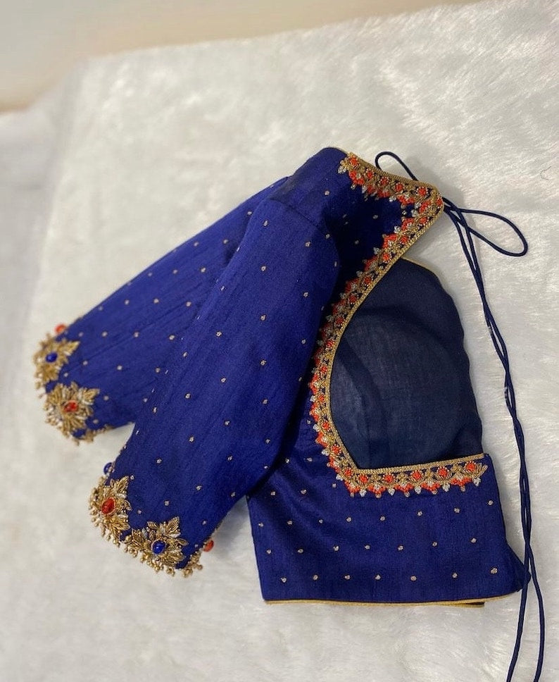 Pure Silk Blue Hand Embroidery Blouse