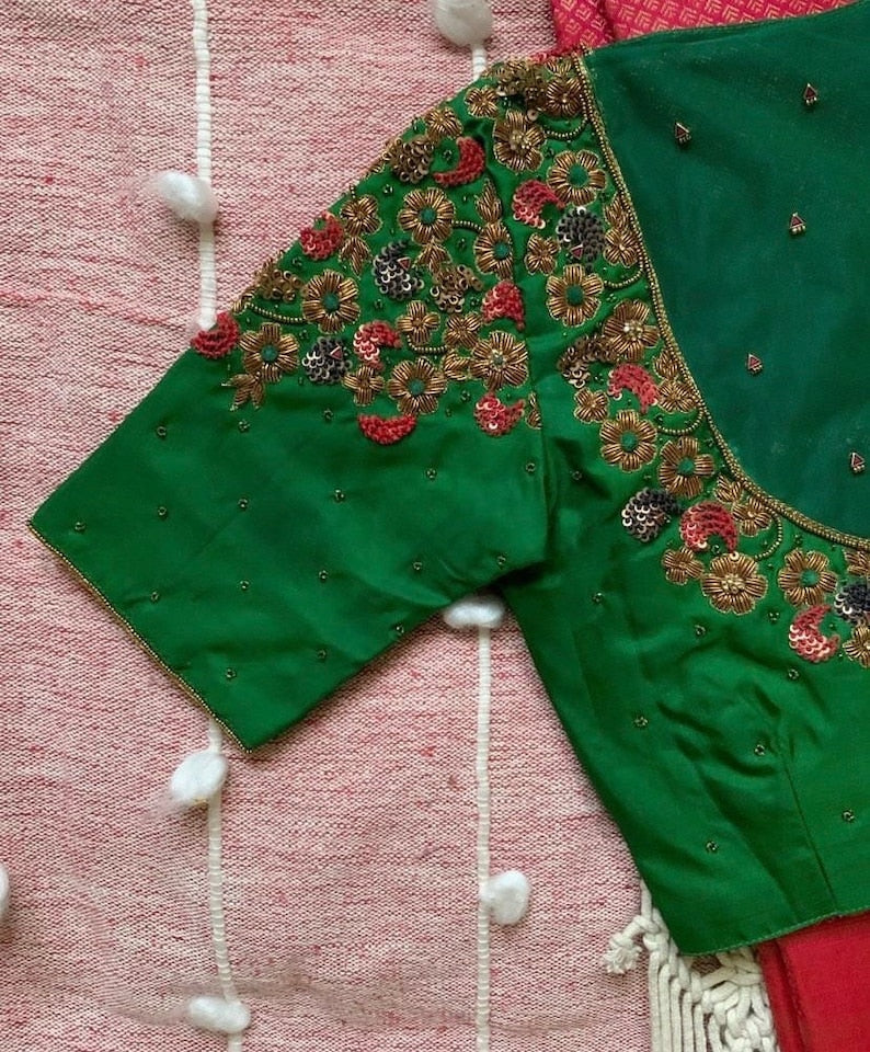 Pure Silk Green Multicolor Hand Embroidery