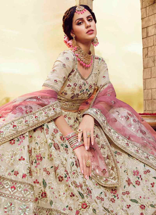 Off White Georgette Wedding Lehenga Choli with Dupatta