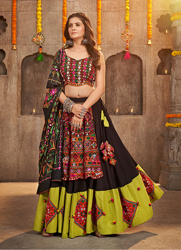 Black Thread Embroidered Georgette Lehenga Set