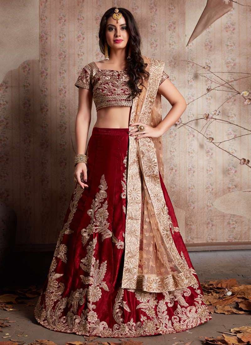 Brick-Red Velvet Silk Bridal Lehenga Choli with Zari Dori Embroidery and Lace Sheer Dupatta