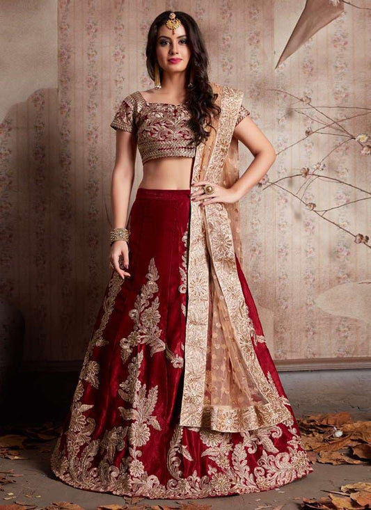 Brick-Red Velvet Silk Bridal Lehenga Choli with Zari Dori Embroidery and Lace Sheer Dupatta