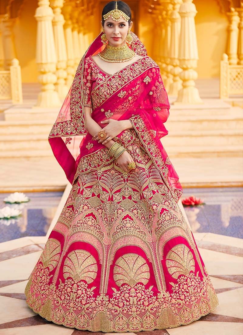 Cerise Pink Velvet Embroidered Wedding Wear Lehenga