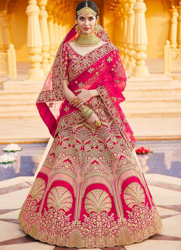 Cerise Pink Velvet Embroidered Wedding Wear Lehenga