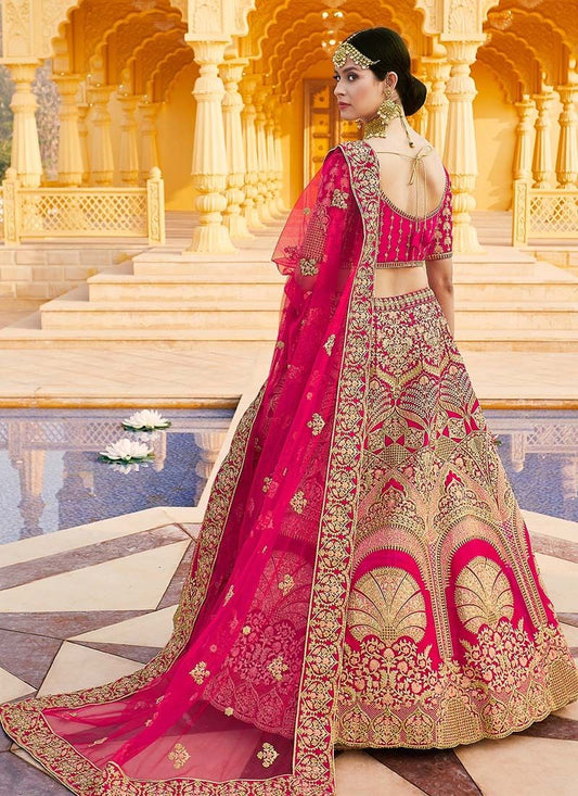 Cerise Pink Velvet Embroidered Wedding Wear Lehenga