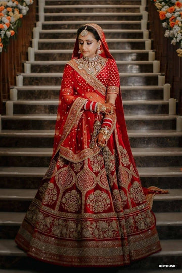 Semi-Stitched Red Colour Bridal Malay Satin Lehenga Choli with Hand and Embroidery
