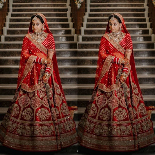 Semi-Stitched Red Colour Bridal Malay Satin Lehenga Choli with Hand and Embroidery