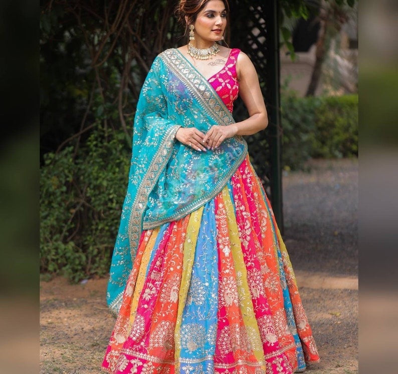 Rainbow Heavy Satin Embroidery Sequence Work Lehenga Choli