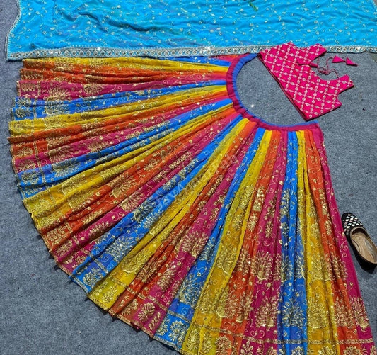 Rainbow Heavy Satin Embroidery Sequence Work Lehenga Choli