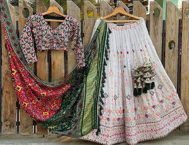 Georgette Heavy Sequence Cotton Thread Embroidery Work Lehenga Choli