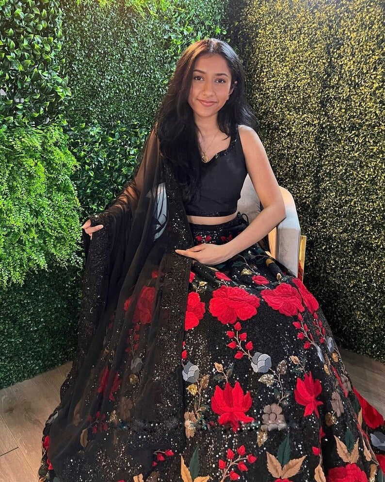 Classy Black & Red Color Floral Work Lehenga Choli With Dupatta