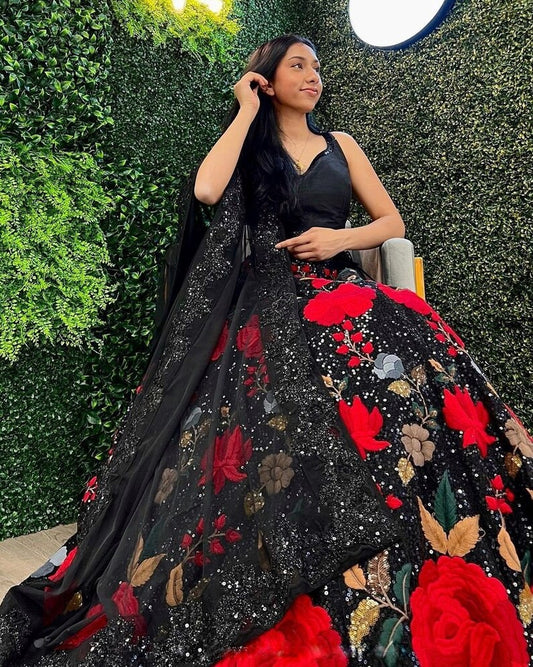 Classy Black & Red Color Floral Work Lehenga Choli With Dupatta