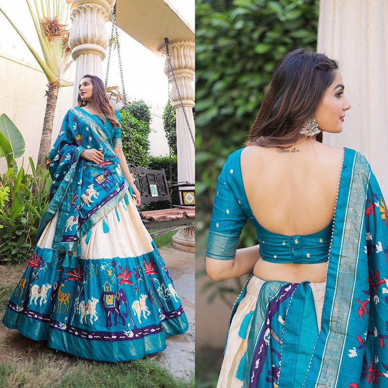 Lehengha Choli for Womens and Girls Dola Silk Fabric with Patola Print and Foil Work Speciel Traditional Events Blue