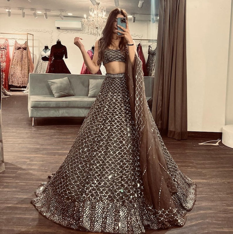 Chocolate Brown Sequin Lehenga Set