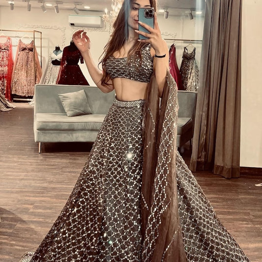 Chocolate Brown Sequin Lehenga Set