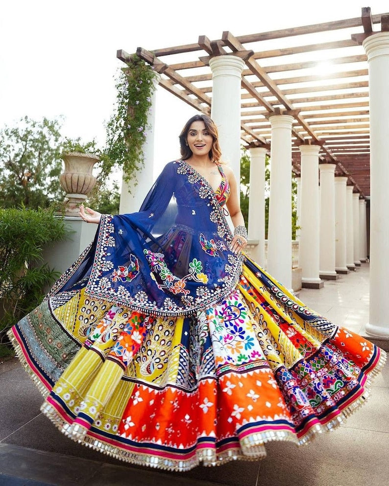 Designer Silk Digital Print Mirror Work Lehenga Choli with Dupatta Party Wear