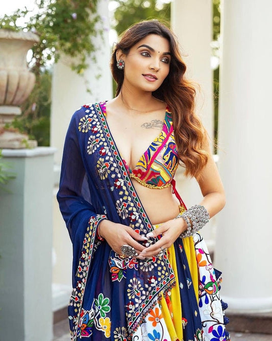 Multi Blue Muslin Cotton Navratri Semi Stitched Lehenga Choli