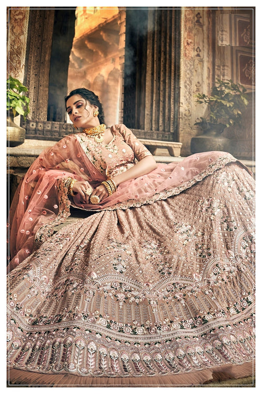 Odette Women Peach Georgette Semi Stitched Lehenga with Unstitched Blouse