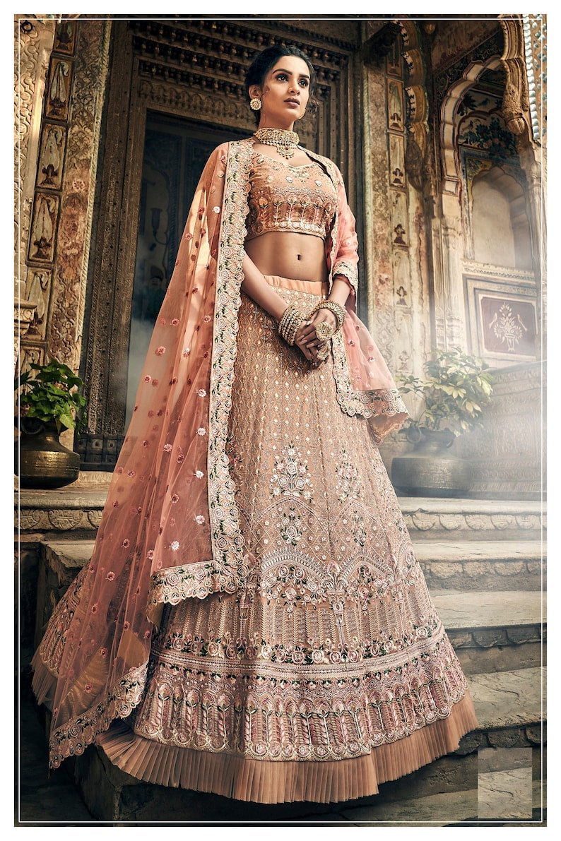 Odette Women Peach Georgette Semi Stitched Lehenga with Unstitched Blouse