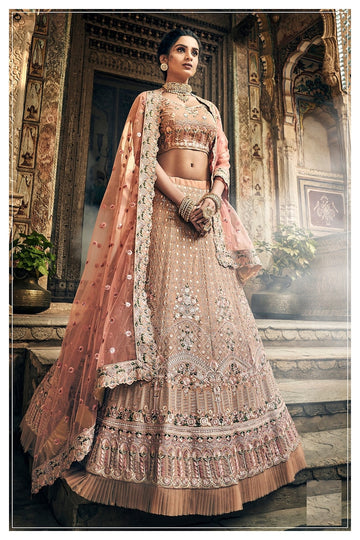 Odette Women Peach Georgette Semi Stitched Lehenga with Unstitched Blouse