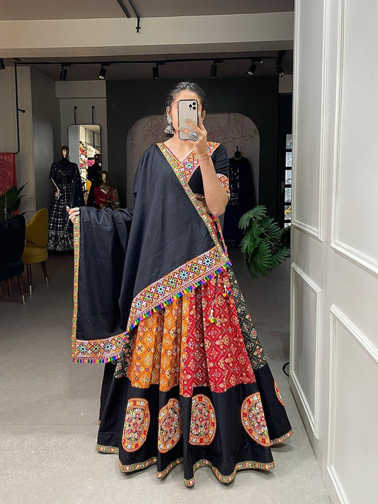 Red Colour Digital Printed And Gamthi Work Cotton Chaniya Choli