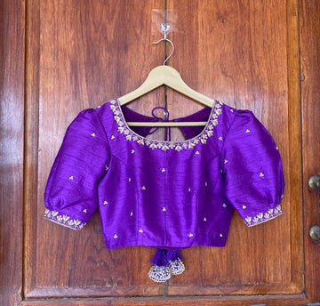 Purple Puff Sleeve Hand Embroidery Blouse