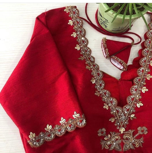 Pure Silk Red Hand Embroidery Blouse