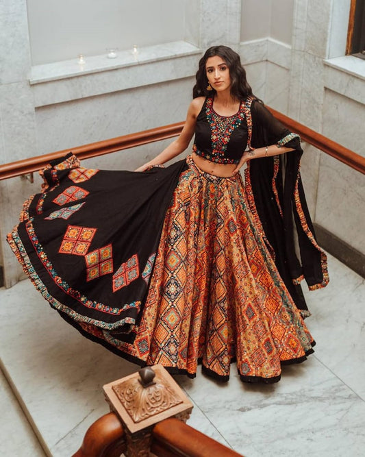 Black Color Traditional Wear Navratri Designer Digital Printed & Cotton Lehenga