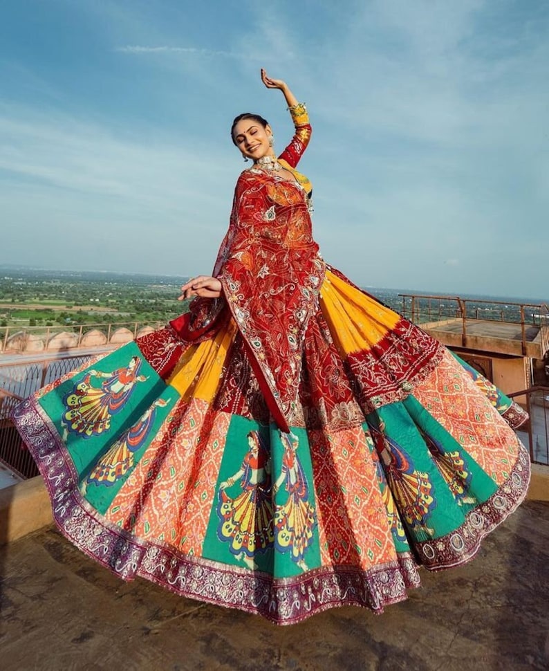 Multi Color Print Navratri Garba Lehenga Choli with Mirror Work