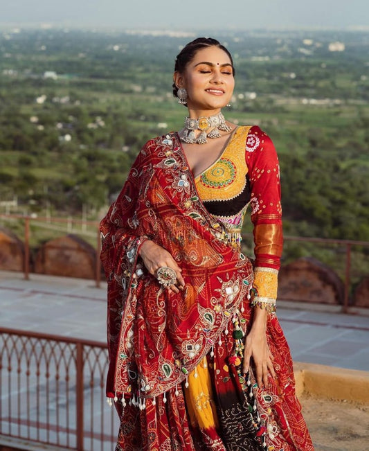 Traditional Designer Digital Print Mirror Work Navratri Lehenga Choli Set