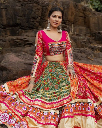 Orange Pink Print and Mirror Work Gujarati Garba Navratri Lehenga Chaniya Choli