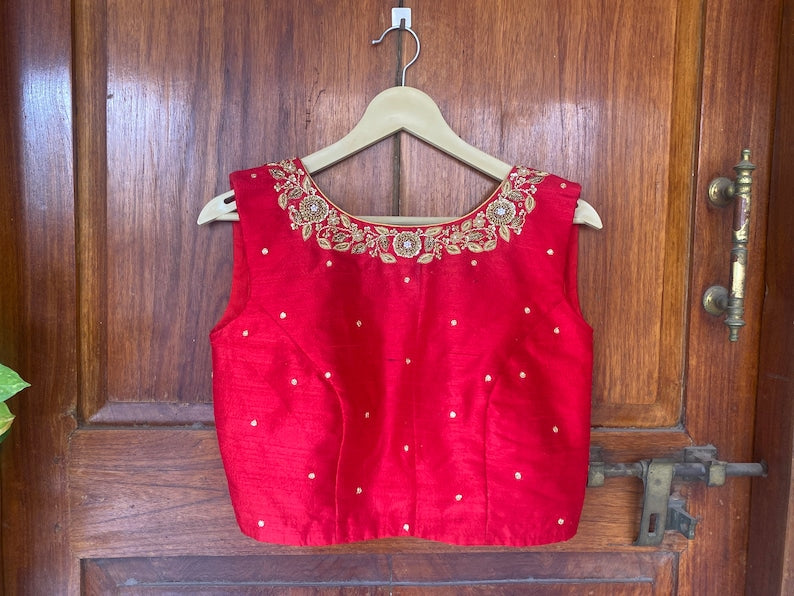 Red Sleeveless Hand Embroidered Blouse