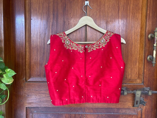 Red Sleeveless Hand Embroidered Blouse