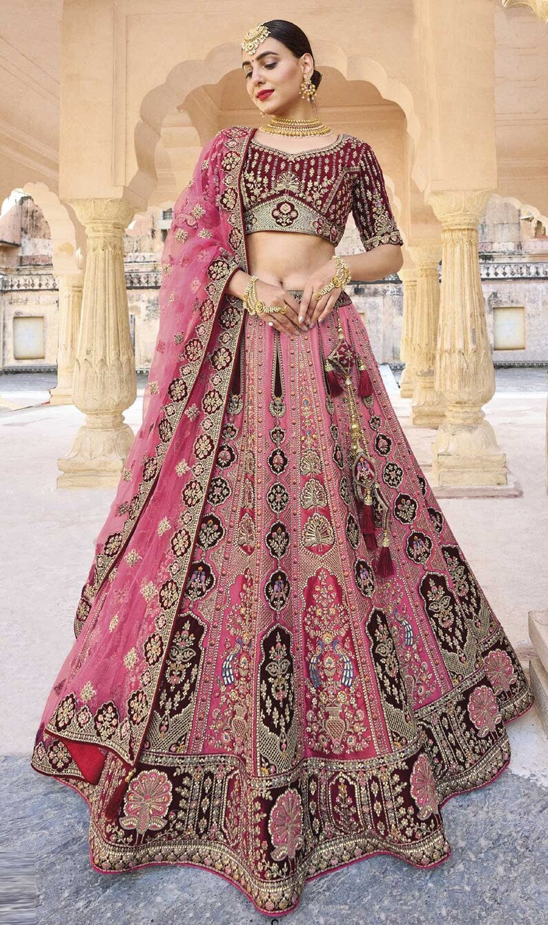 Watermelon Pink Heavy Orange Embroidered Designer Bridal Lehenga