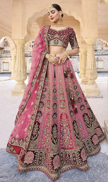 Watermelon Pink Heavy Orange Embroidered Designer Bridal Lehenga