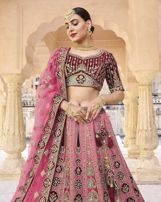 Watermelon Pink Heavy Orange Embroidered Designer Bridal Lehenga