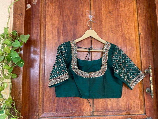 Dark Green Ready Made Blouse Zardosi