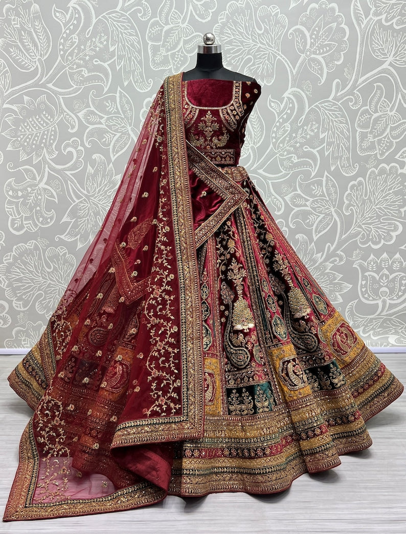 Ultimate Maroon Embroidery Velvet Bridal Wear Lehenga Choli